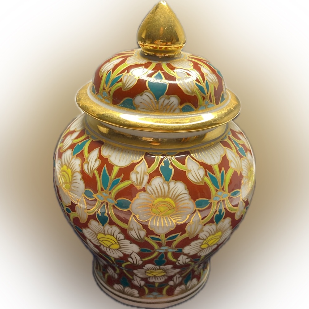 Ginger Jar & Lid Vintage Cloisonné Style Red Gold Painted Floral Gilt Trinket
